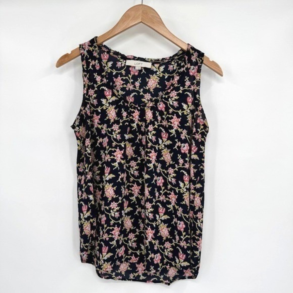 LOFT Navy Blue Pink Floral Sleeveless Tank Top Blouse Women's Sz S‎